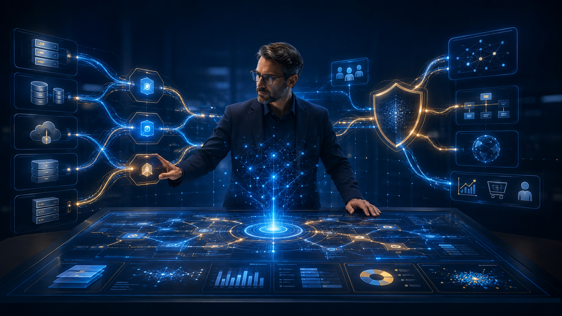 A human-guided AI review connects permissioned evidence to an integration-debt map and Business Intelligence dashboard.