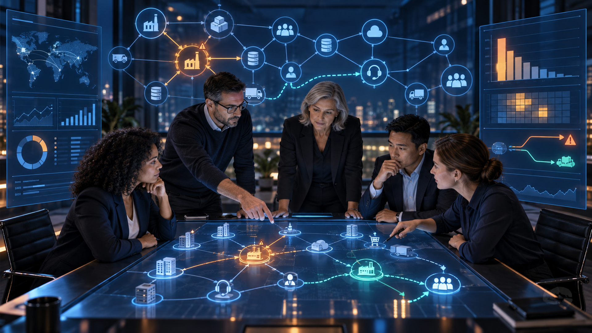 Experienced people review an AI-assisted vendor dependency graph and Business Intelligence dashboards with amber risks and human approval points.