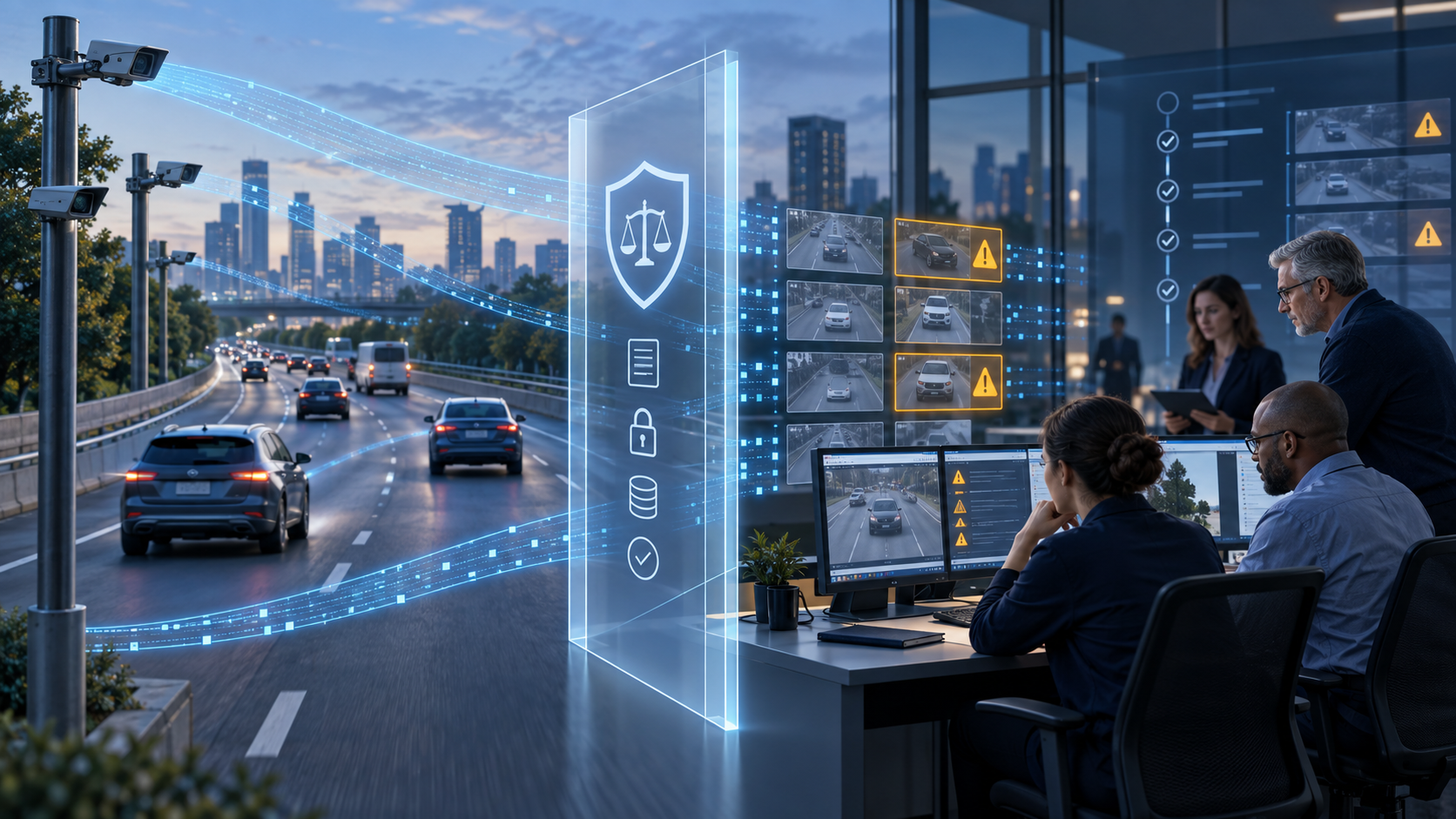 Roadside cameras send vehicle observations through a transparent governance gate to independent human reviewers examining audit alerts.