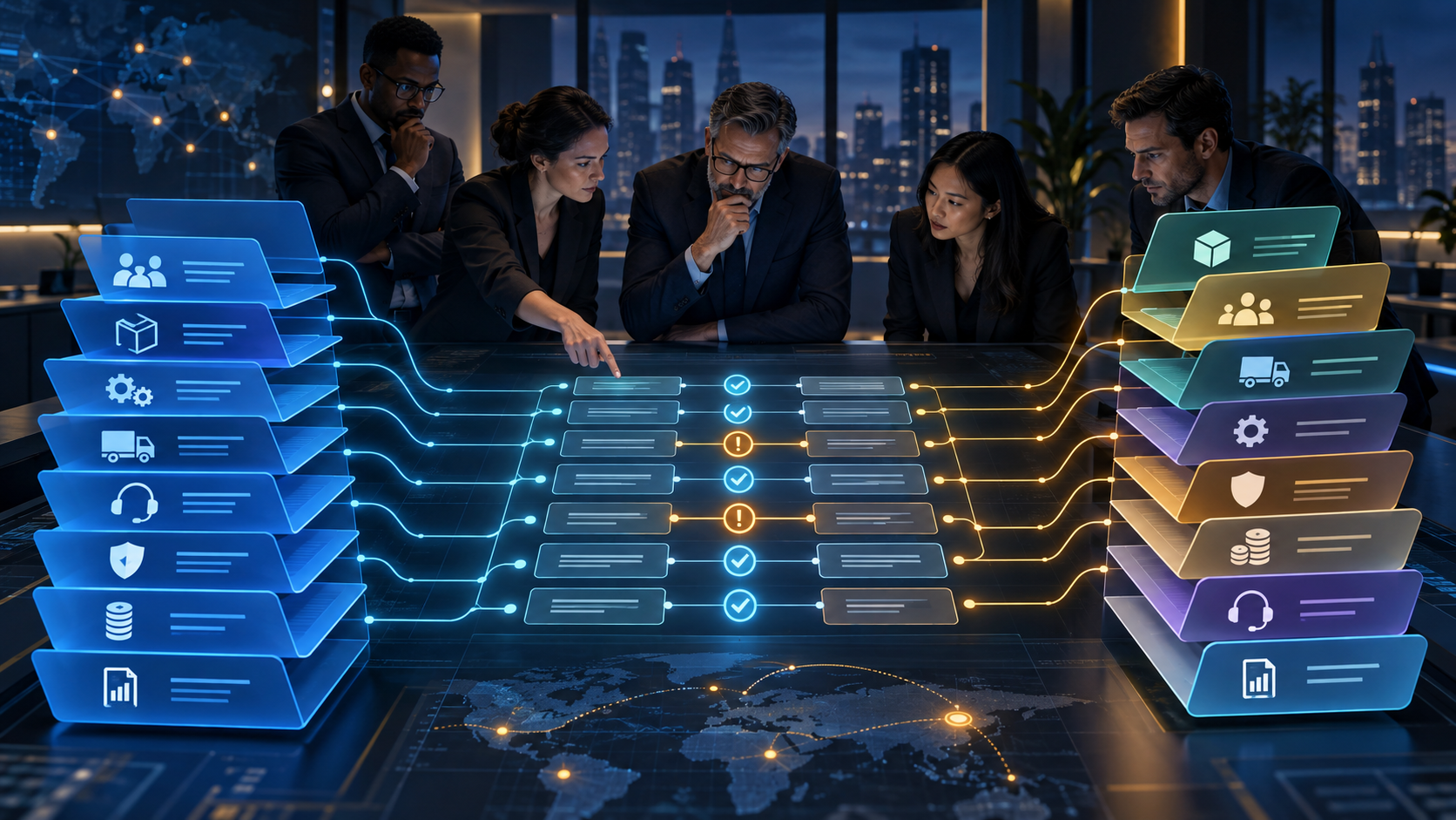 Two service catalogs are connected through customer commitments, delivery, support, pricing, and security.