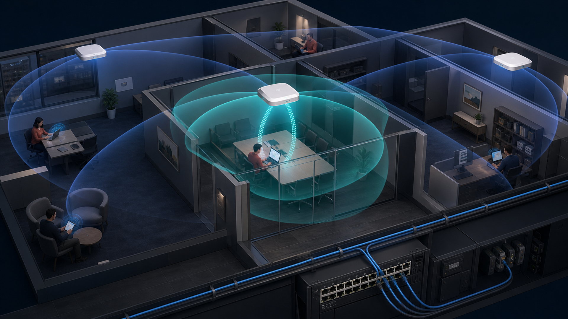 An enterprise floor plan shows a clear Wi-Fi 7 multi-link path beside a congested wireless route.